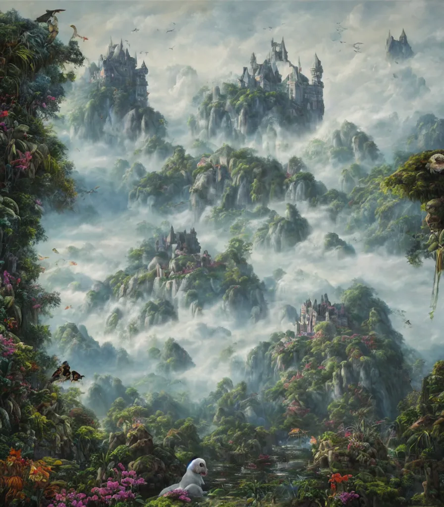 Prompt: a Breathtakingly enchanted landscape with floating Tropical islands, dogs with wings, and a mythical overgrown castle in the background, that are slightly obscured by magical mist in the style of Ken Hong Leung, artstudio, impasto oil painting, high fidelity, fine-grained, charcoal line art