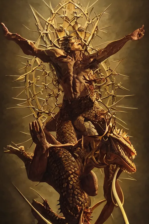 Prompt: fullbody!! dynamic action pose, jesus christ portrayed as a lizard reptile man, holy cross, crown of thorns, christianity, religious, intricate, elegant, highly detailed, digital painting, artstation, concept art, smooth, sharp focus, illustration, art by artgerm and greg rutkowski and alphonse mucha