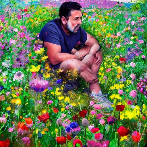 Prompt: Guillermo Francella in a field full of flowers, photo realistic