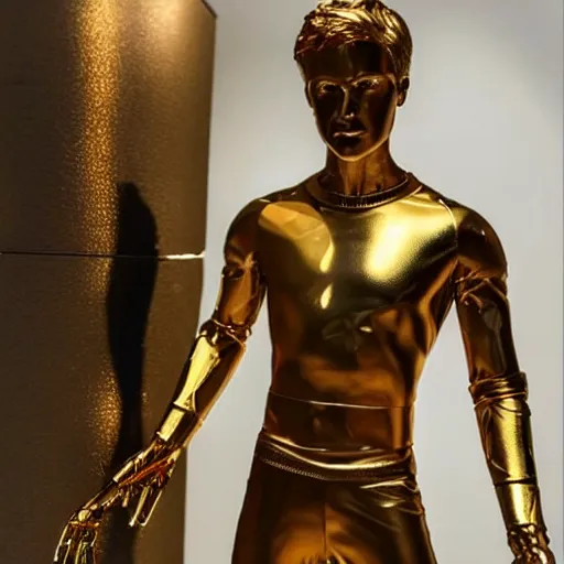 Image similar to a realistic detailed photo of a guy who is an attractive humanoid who is half robot and half humanoid, who is a male android, soccer player martin ødegaard, shiny skin, posing like a statue, blank stare, in a living room, on display, showing off his muscles, gold soccer shorts