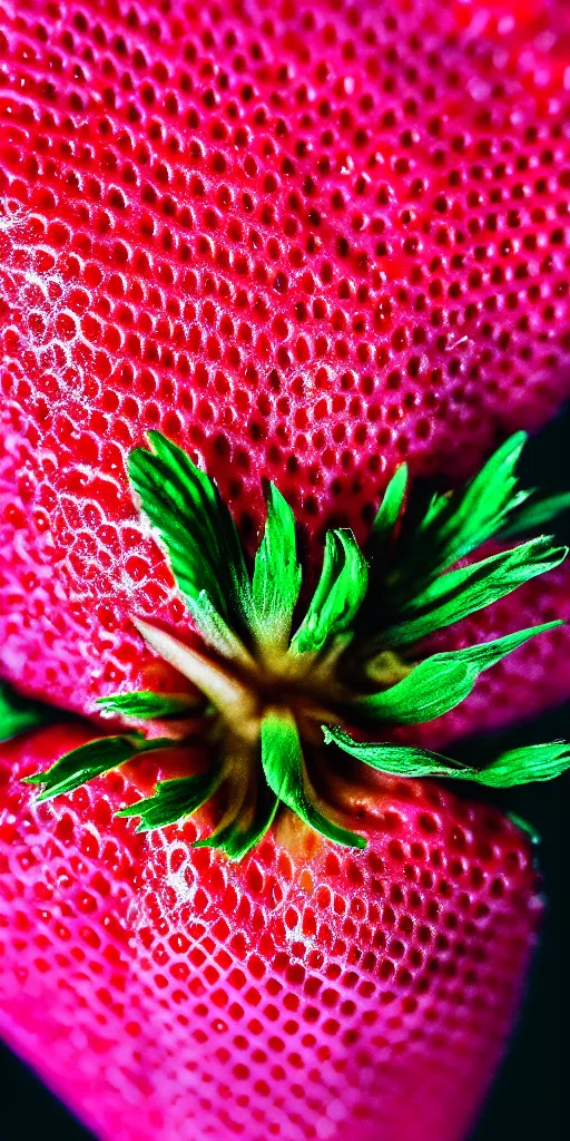 Image similar to a extreme macro photo of a strawberry, hyper realistic, hyper detailed, 35mm, very grainy film, pink volumetric studio lighting, bokeh, black background award winning shot, vogue magazine, cinematic, 8k, very closeup, elegant, tender, pastel W 1024