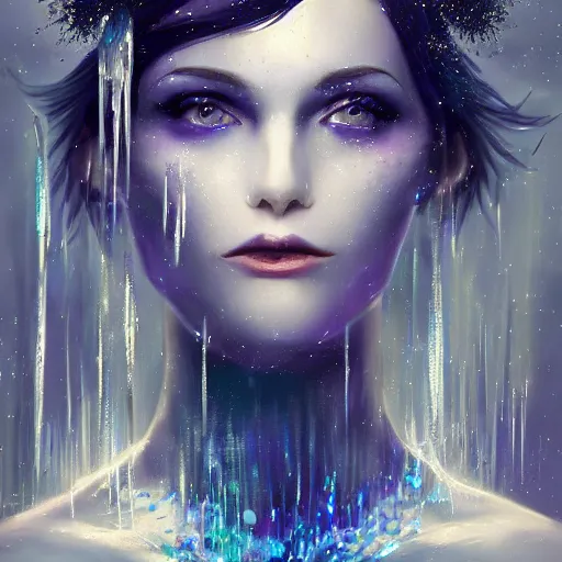 Image similar to masterpiece portrait of an aesthetic beautiful mage woman, ice spell, 3 0 years old woman, thin face, black dynamic hair, wearing silver diadem with blue gems inlays, silver necklace, painting by wlop, atmospheric effects, chaotic blue sparks dynamics in the background, intricate, artstation, fantasy