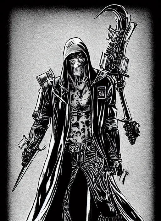 Image similar to grim reaper portrait, cyberpunk 2 0 2 0 manual, by steampoweredmikej, inktober, ink drawing, black and white, coloring pages, manga, highly detailed