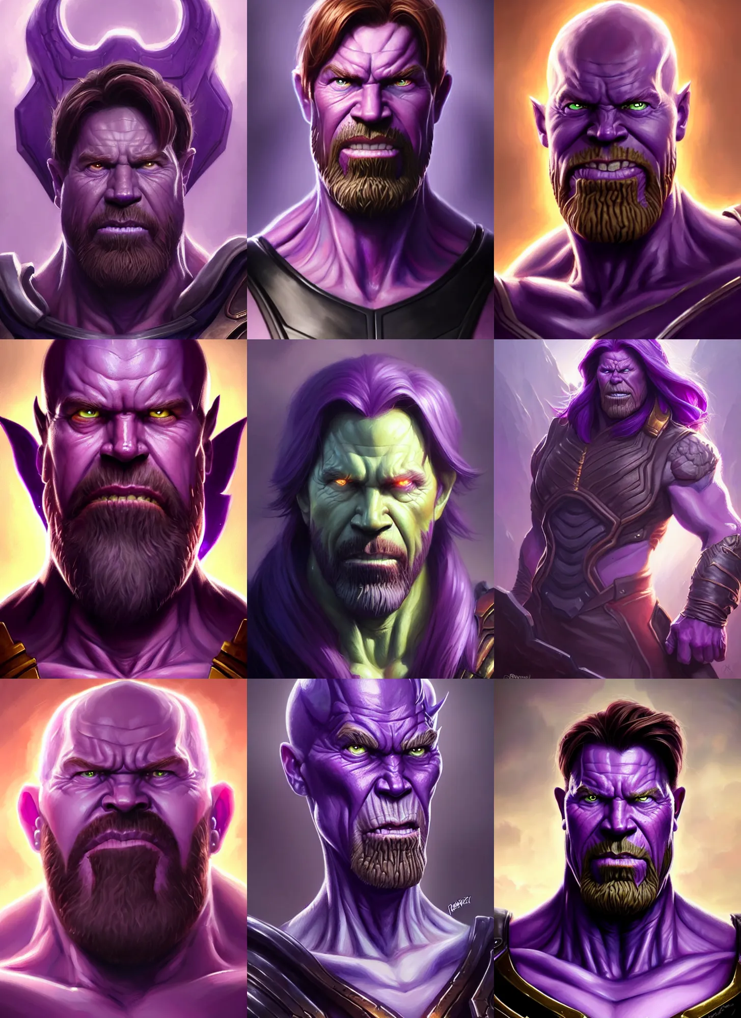 Prompt: a fantasy style portrait painting a character if chuck norris and thanos had a daughters, purple skin, powerful chin, thanos style traits, painting, unreal 5, daz., rpg, portrait, extremely detailed, artgerm greg rutkowski _ greg