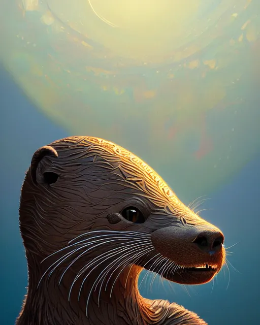 Image similar to highly detailed surreal vfx portrait of a metallic chromatic geometric tribal otter, behance, stephen bliss, unreal engine, greg rutkowski, loish, rhads, beeple, makoto shinkai and lois van baarle, ilya kuvshinov, rossdraws, tom bagshaw, alphonse mucha, global illumination, detailed and intricate environment