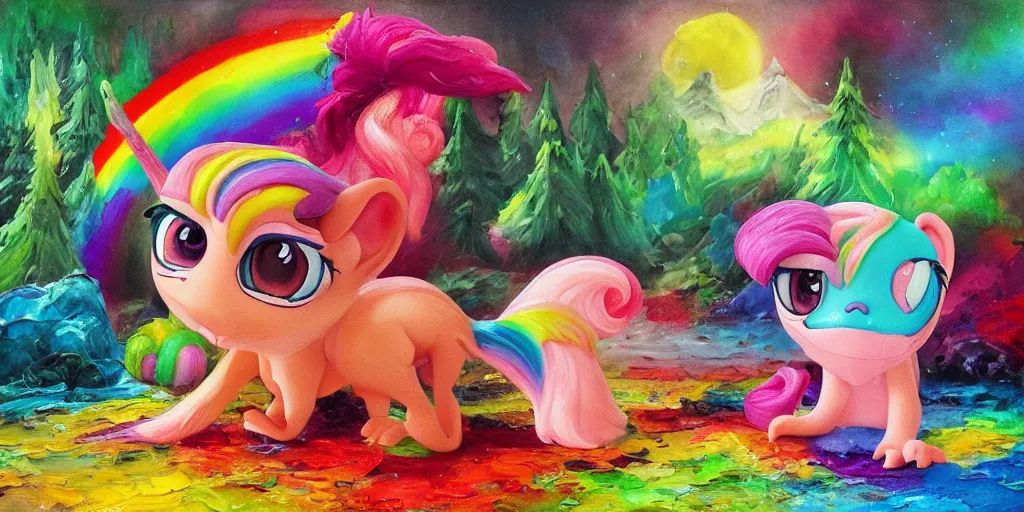 Image similar to rainbow sorbet made in the shape of 3 d littlest pet shop manticore, realistic, melting, soft painting, desserts, ice cream, glitter, cake, forest, mountains, aurora, master painter and art style of noel coypel, art of emile eisman - semenowsky, art of edouard bisson