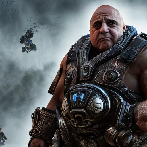 Prompt: danny devito danny devito in gears of war, splash art, movie still, detailed face, photorealistic facial features, cinematic lighting, dramatic, octane render, long lens, shallow depth of field, bokeh, anamorphic lens flare, 8 k, hyper detailed, 3 5 mm film grain