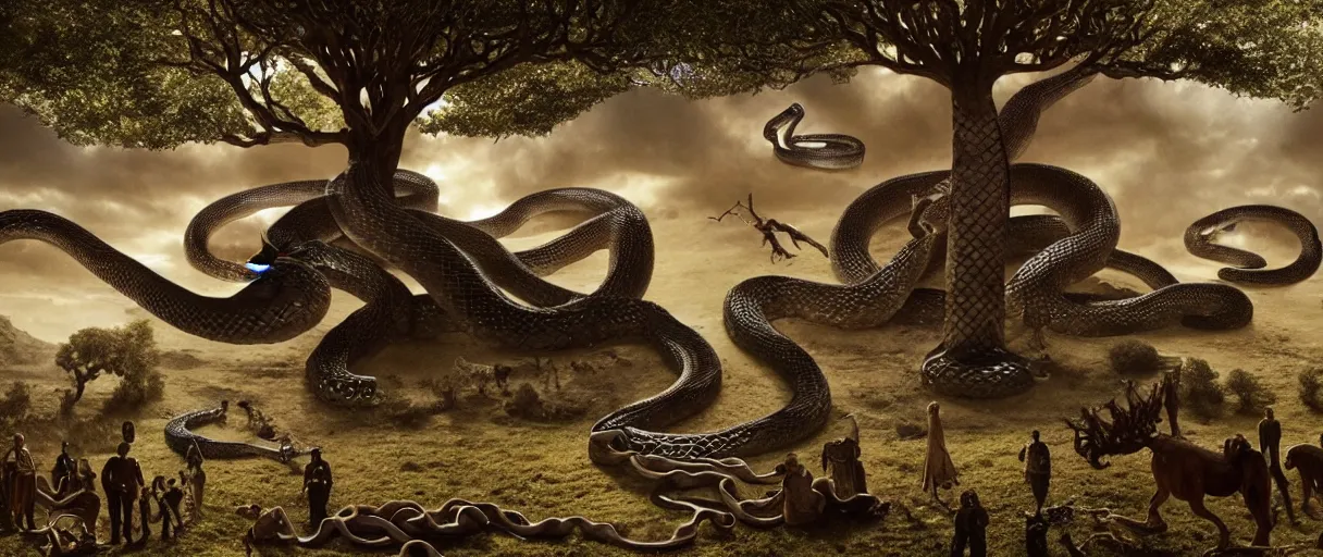 Image similar to a giant snake around the tree of life, high detail, 8k, ornate, dark fantasy, maximalist, realistic, masterpiece, complex, WLOP, film still from the movie directed by Denis Villeneuve with art direction by Salvador Dalí