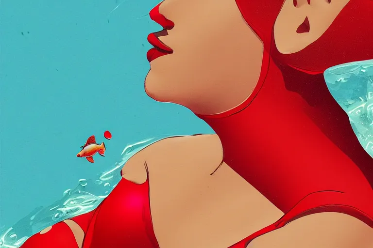 Prompt: fishes swim around woman in red swimsuit, highly detailed, smooth, sharp focus, concept art, illustration, beautiful, geometric, trending on artstation, cinematic, artwork by Swanland, Raymond