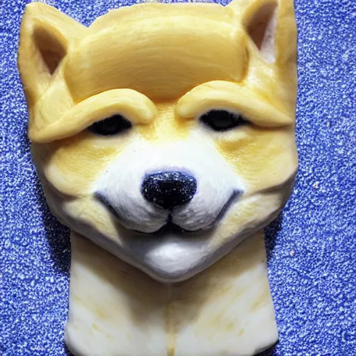 Image similar to a rice krispie square sculpture of a shiba inu head