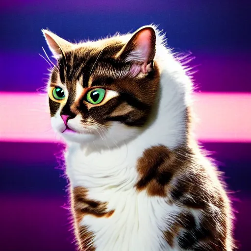 Image similar to real photo of a cat singing on the stage of eurovision 2 0 2 2