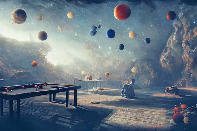 Image similar to a billiards table where the felt is made of galaxies, the balls are planets, matte painting, long shot, concept art, wide shot, digital art, trending on artstation, 4 k, extremely detailed, realistic, midday, warm colors, golden sunlight, by greg rutkowski, cinematic, epic