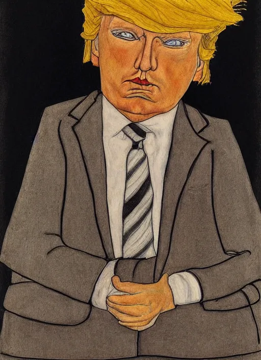 Prompt: Portrait of a sad Donald Trump by Egon Schiele