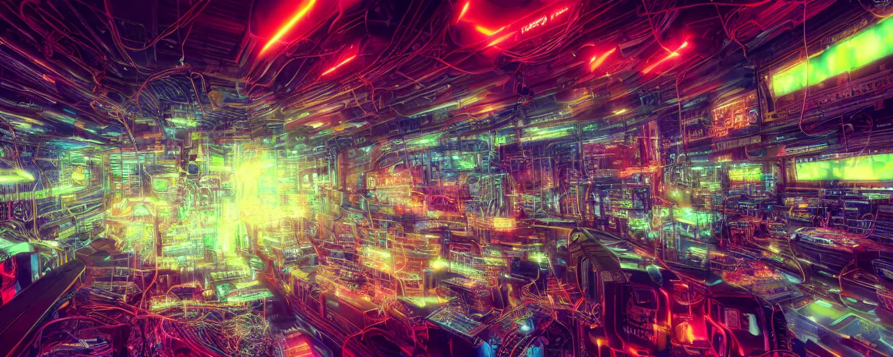 Prompt: ” inside a massive computer, [ circuits, neon lights, cables, wires, tubes, cinematic, detailed, epic, widescreen, opening, establishing, mattepainting, photorealistic, realistic textures, octane render, art by paul lehr ] ”