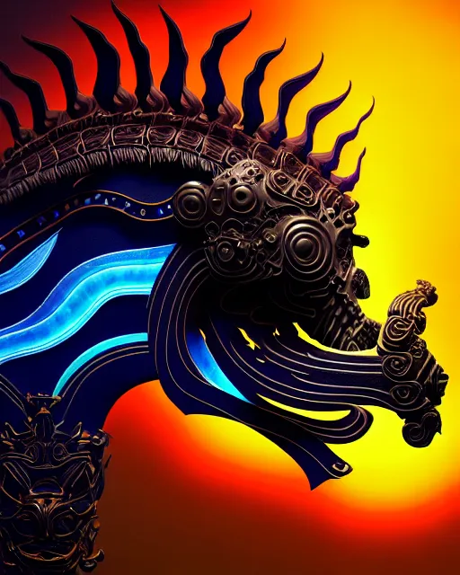 Image similar to 3 d ornate carved dark cosmic horse with profile portrait, sigma 5 0 0 mm f / 5. beautiful intricate highly detailed quetzalcoatl skull. bioluminescent, plasma, lava, ice, water, wind, creature, thunderstorm! artwork by tooth wu and wlop and beeple and greg rutkowski, 8 k trending on artstation