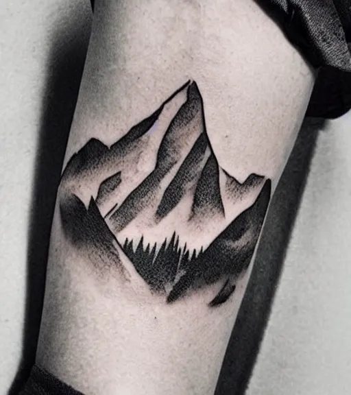 Image similar to creative double exposure effect tattoo design sketch of margot and beautiful mountains and nature, mountain scenery, realism tattoo, in the style of matteo pasqualin, amazing detail, sharp