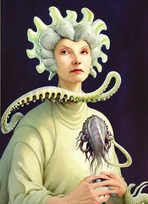 Prompt: cinematic portrait photo of the half ammonite dark crystal skeksis white haired retro woman with wet hair dressed in mother of pearl armor, biting into a juicy squid snack!!!!!!, ryden, kawase hasui, dorothea tanning, edward hopper and james gilleard, aivazovsky, beksinski, outram, artstation