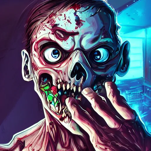 Prompt: a zombie holding a severed head, futuristic city, synthwave, highly detailed face, fantasy, epic, high quality