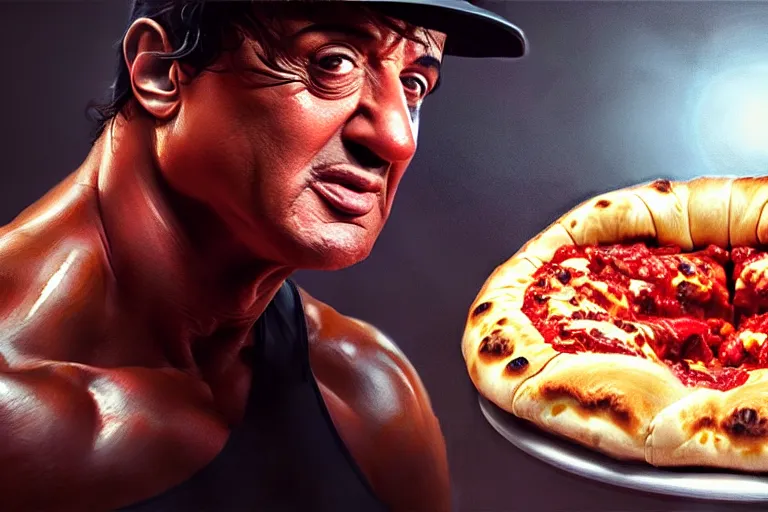 Image similar to sylvester stallone inside a calzone pizza, hyper detailed, digital art, artstation, cinematic lighting, studio quality, smooth render, by artgerm, greg rutkowski, boris vallejo