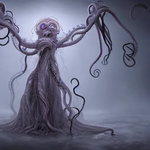 Prompt: ethereal ghostlylive action muppet with a wraith like figure with a very pronounced parasitic kraken head taking over its own with four long tentacles for arms that flow gracefully at its sides like a cloak, it has the body of a snake gorgon, it stalks around frozen forests searching for lost souls to consume, hides in the shadows of trees, this character uses hydrokinesis and electrokinesis, it is a real muppet by sesame street, photo realistic, real, realistic, felt, stopmotion, photography, sesame street, monsters inc pixar