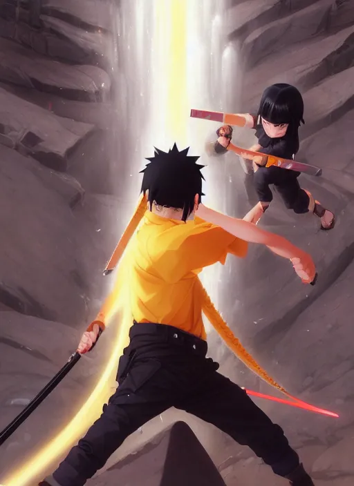 Image similar to highly detailed katana weilding naruto uzumaki with black hair, fighting with policeman art by greg rutkowski, loish, rhads, ferdinand knab, makoto shinkai and lois van baarle, ilya kuvshinov, rossdraws, tom bagshaw, global illumination, radiant light, detailed and intricate environment