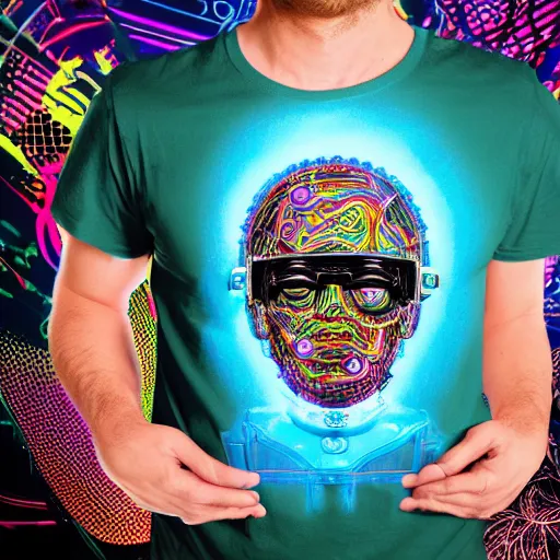 Image similar to mockup of a black tshirt with a hyperdetailed portrait of a steampunk robot on lsd, 8 k, symetrical, flourescent colors, happy trippy mood, multicolored,