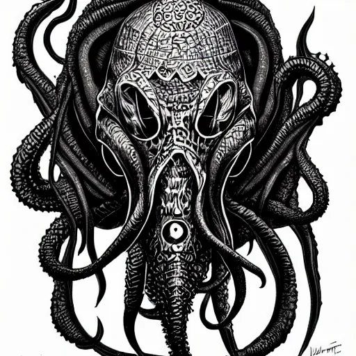 Image similar to black ink on paper, illithid cthulhu, trending on artstation, beautiful, intricate, detailed