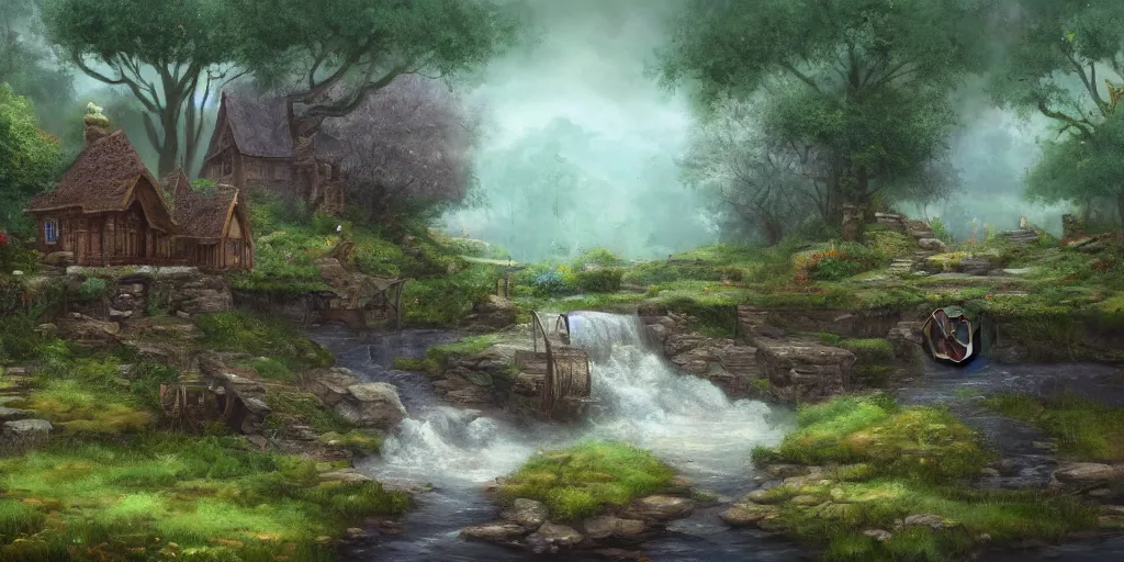 Prompt: a small surreal serene fantasy village on the edge of the woods, small stream, water wheel, by bob ross, lord of the rings, smooth, detailed terrain, oil painting, matte painting, concept art, trending on artstation