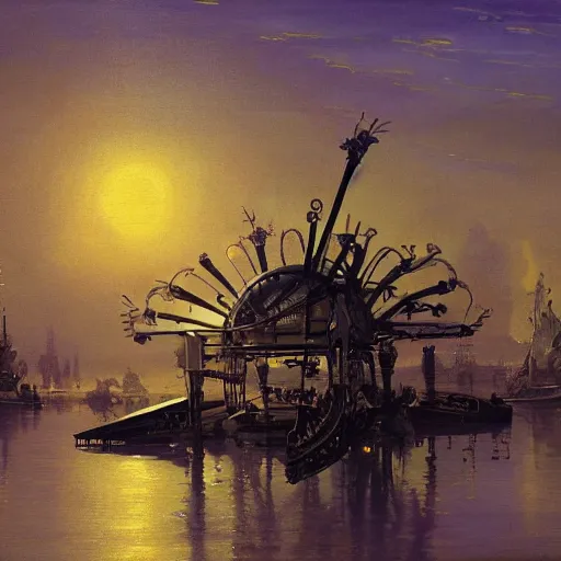 Prompt: painting of syd mead artlilery scifi organic shaped radio station with ornate metal work lands on a body of water, fossil ornaments, volumetric lights, purple sun, andreas achenbach