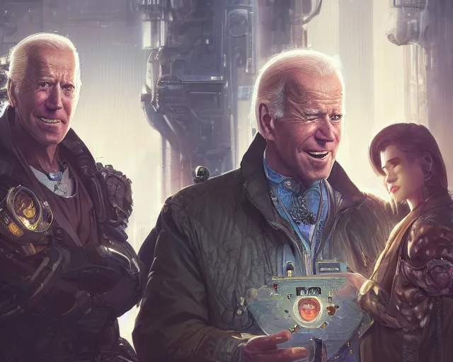 Prompt: oldman joe biden with cyberpunk implants, deep focus, d & d, fantasy, intricate, elegant, highly detailed, digital painting, artstation, concept art, matte, sharp focus, illustration, hearthstone, art by artgerm and greg rutkowski and alphonse mucha