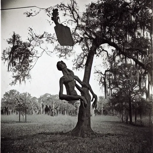 Image similar to the song of the hanging man, southern gothic, photograph by diane arbus, bayou