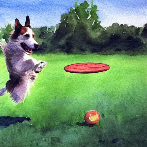 Prompt: a dog jumping to catch a frisbee in a field, watercolor