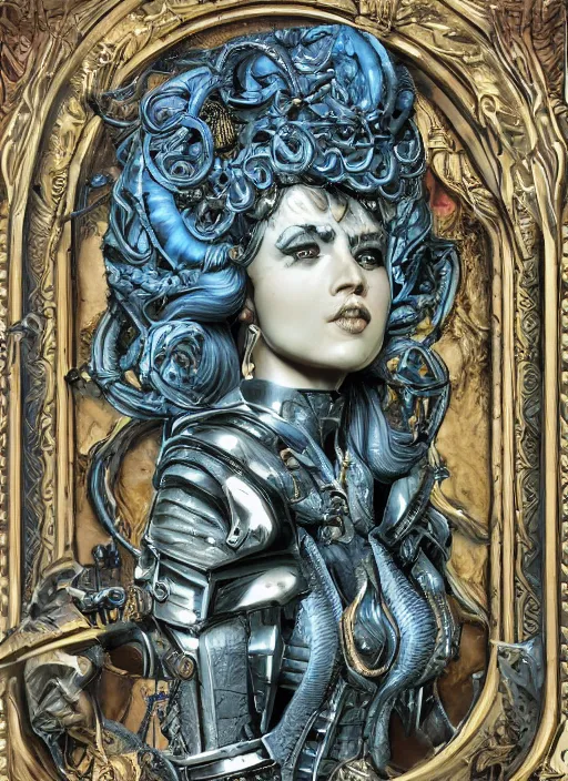 Image similar to ultradetailed ornate sci-fi RPG illustration of a beautiful symmetric Medusa radiating a glowing aura wearing a steampunk armor with much decorum, digital airbrush painting, 3d rim light, hyperrealistic masterpiece, artstation, cgsociety, kodakchrome, golden ratio