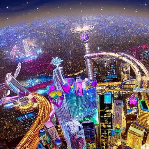 Image similar to fantasy city with glittering jewels, birds eye view