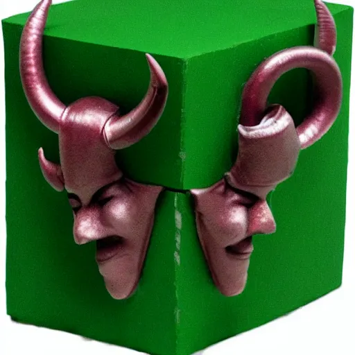 Image similar to green cube with face and horns