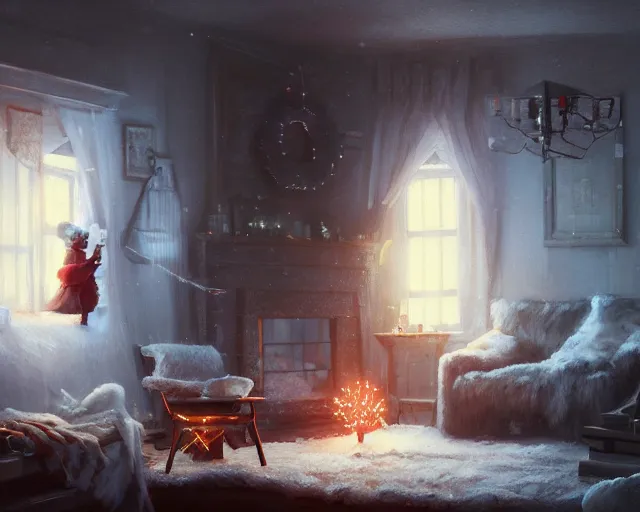 Image similar to a christmas eve photorealistic painting, cozy home, interior, sci - fi, wlop, concept art, octane render, deviantart, greg rutkowski, cinematic, key art, hyperrealism