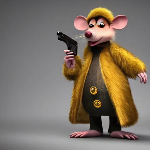 Image similar to 3d anthropomorphic rat, disney pixar, holding tommy gun, velvet, fur coat, high quality, golden necklace, fendi, high fashion