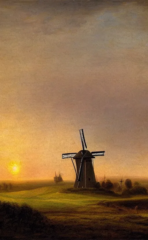 Image similar to a beautiful landscape in the netherlands with a windmill at sunset, in the style of francis danby