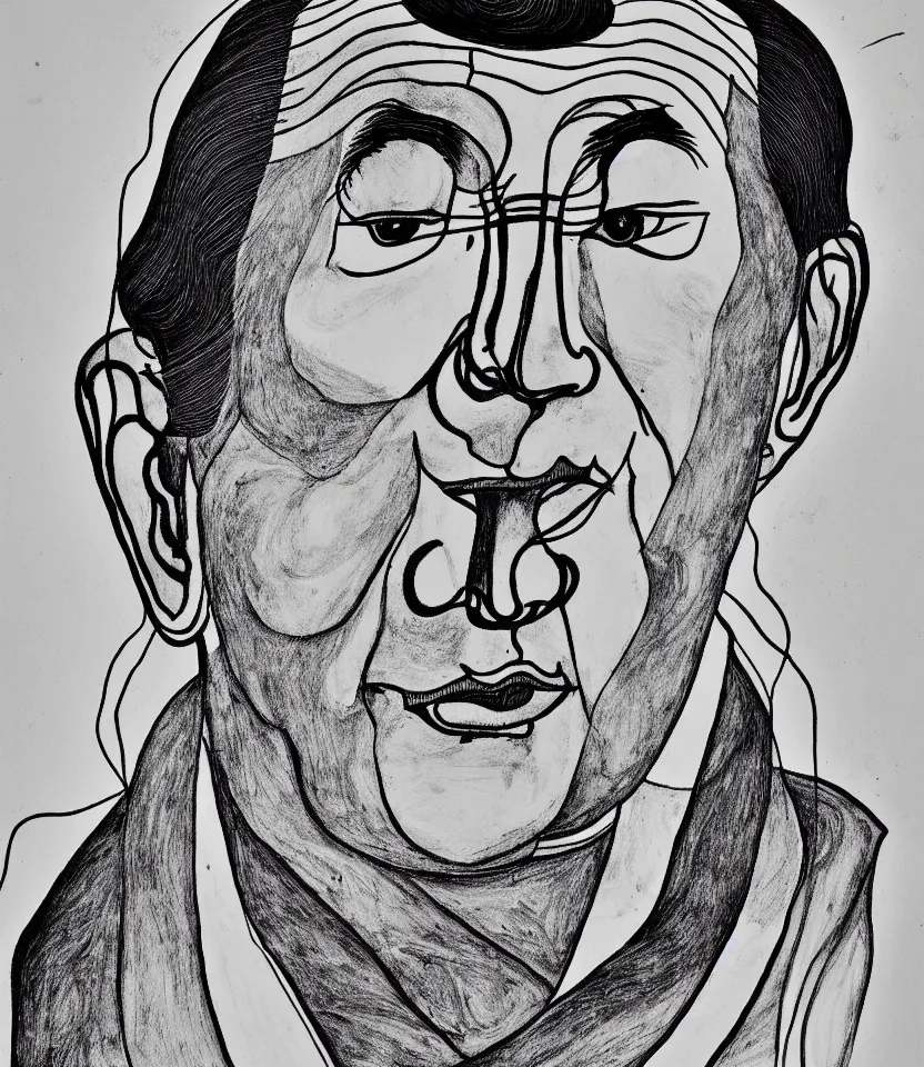 Prompt: elegant line art portrait of the dalai lama. inspired by egon schiele. contour lines, graphic musicality, twirls, curls and curves, strong confident personality, staring at the viewer, minimalist