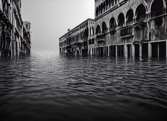 Prompt: Venice completely flooded, underwater photo, dystopian, dark, realistic, sea