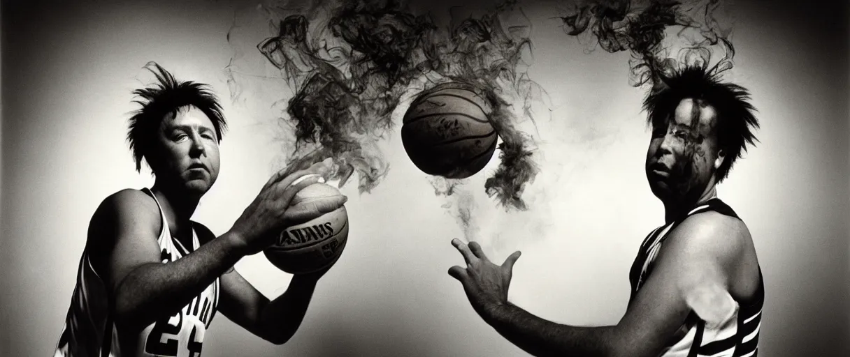 Image similar to award winning photo of bill hicks playing basketball in the hood and smoking weed, vivid colors, happy, symmetrical face, beautiful eyes, studio lighting, wide shot art by Sally Mann & Arnold Newman