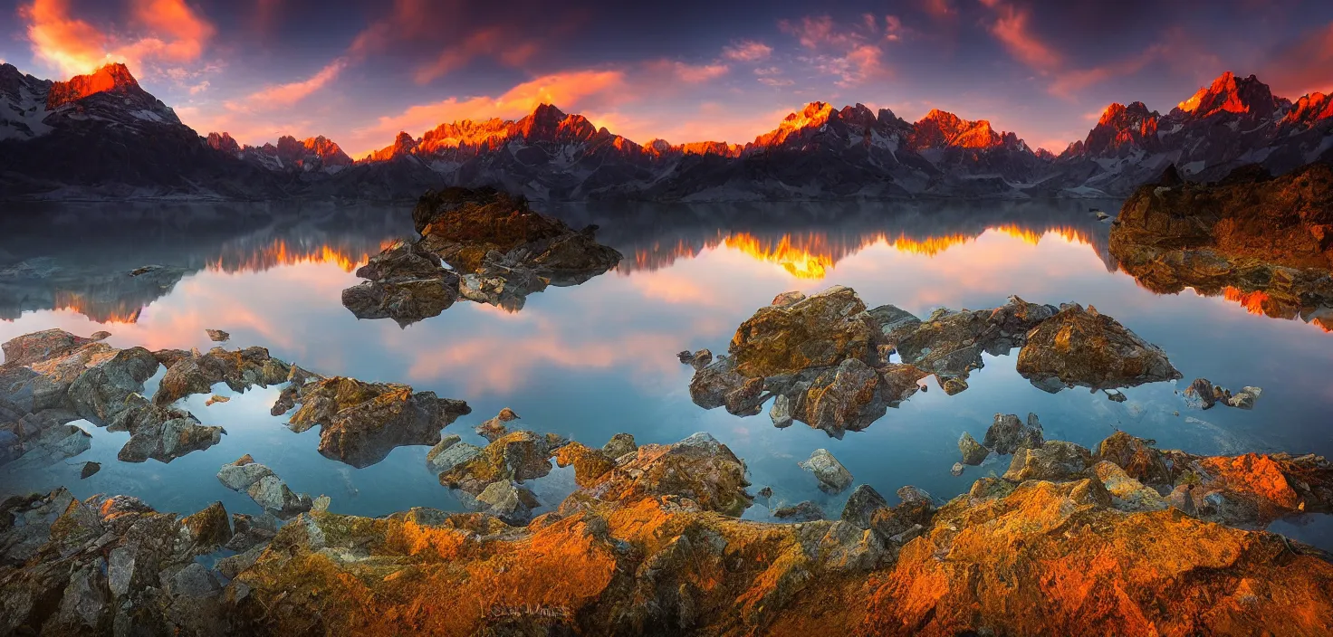 Image similar to amazing landscape photo of mountains with lake in sunset by marc adamus, beautiful dramatic lighting