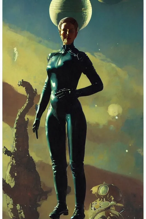 Image similar to pulp scifi fantasy illustration full body portrait of elegant woman wearing latex spacesuit on alien planet, by norman rockwell, jack kirby, bergey, craig mullins, ruan jia, jeremy mann, tom lovell