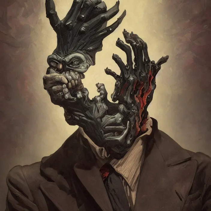 Prompt: excellent painted portrait of a terrifying evil inhuman shadowy monster in a 1940s vintage suit, high quality painting, 8k resolution, trending on artstation, octane render, art by artgerm and greg rutkowski and alphonse mucha and craig mullins and James Jean and Andrei Riabovitchev and Marc Simonetti and peter mohrbacher, sharp focus, smooth