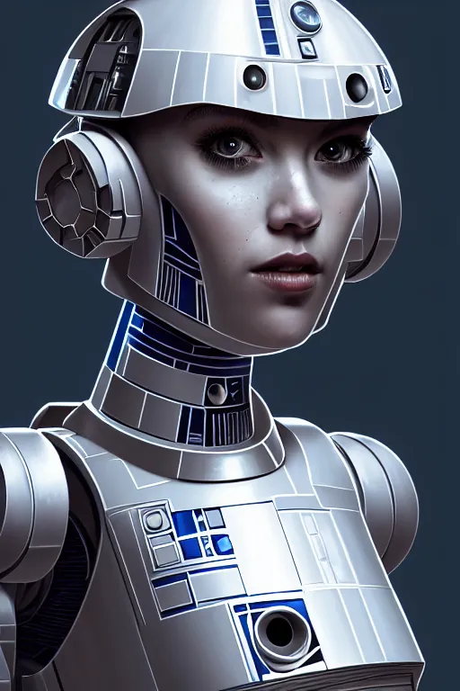 Prompt: a portrait of a girl as r 2 d 2 droid, humanization, humanized, grim - lighting, high - contrast, intricate, elegant, highly detailed, digital painting, artstation, concept art, smooth, sharp focus, illustration