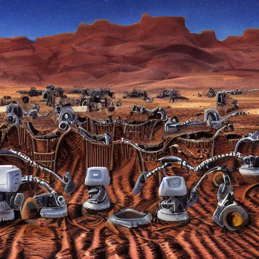 Prompt: painting of different buried biomechanical robots in the desert, oasis, 4 k. cinematic. epic.