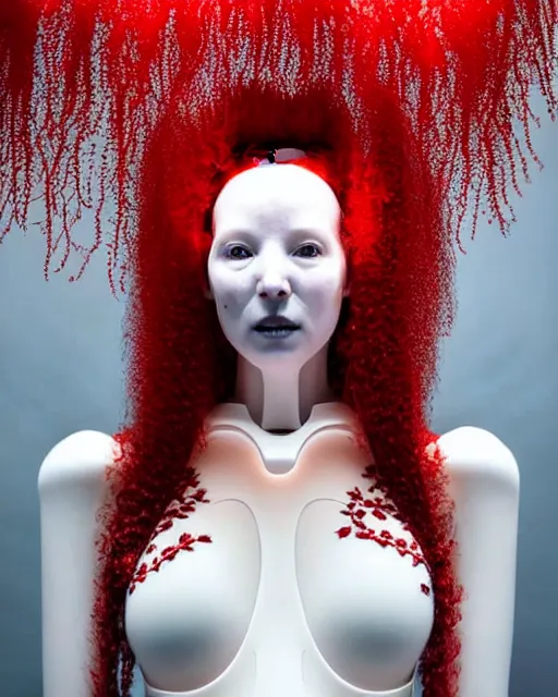 Image similar to symmetrical portrait of a woman wearing a red embroidered translucent silicone mask and white frizzy hair buns, wearing a black bodysuit by alexander mcqueen, standing in a sterile room full of translucent silicone flowers and plants, white background, soft diffused light, biotechnology, humanoide robot, futuristic aesthetic, translucent, ethereal, intricate details, highly detailed, masterpiece,