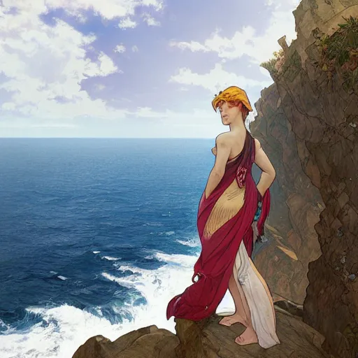 Image similar to a person standing on a cliff, looking out at the ocean, by artgerm and greg rutkowski and alphonse mucha and william