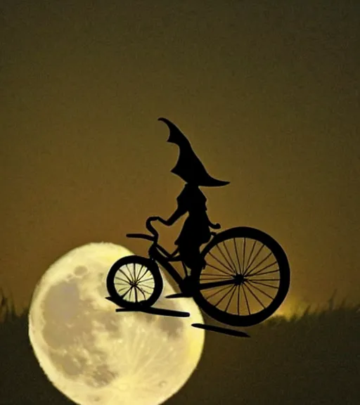 Image similar to a witch with a pointy hat is riding a flying bike across the full moon as silhouette, from the movie e. t. the extra terrestrial, with dark trees in foreground, cinematic frame by steven spielberg, hd