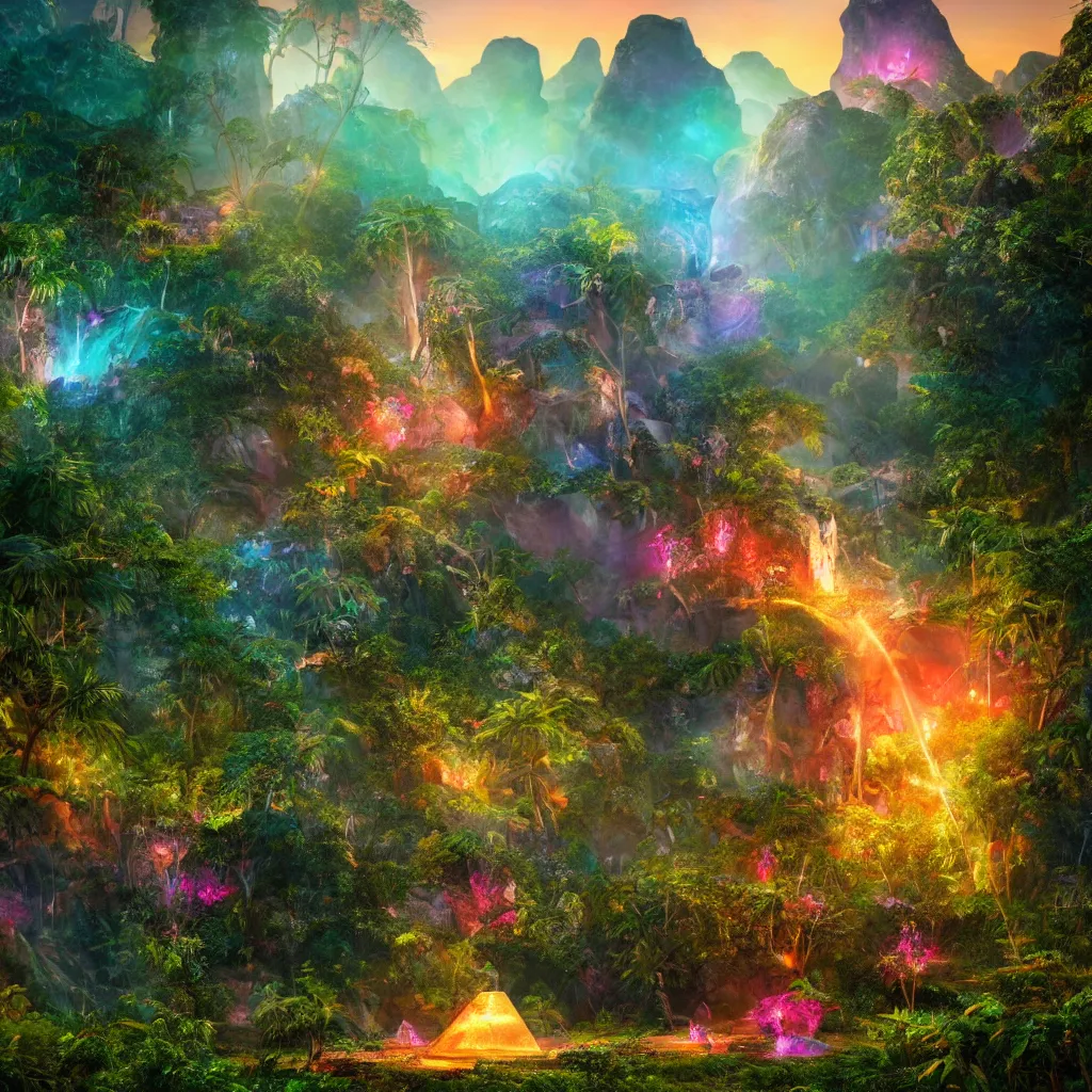 Prompt: a glowing crystal tetrahedron!!! in the middle of ancient ruins in a lush prehistoric jungle, inside a humongous cave, red and magenta flowers, sunset, godrays, dinosaur fossils, orange and blue sky, haze, vines, waterfall volumetric lighting, digital render, photorealistic, unreal engine 5, ultra detail, trending on artstation